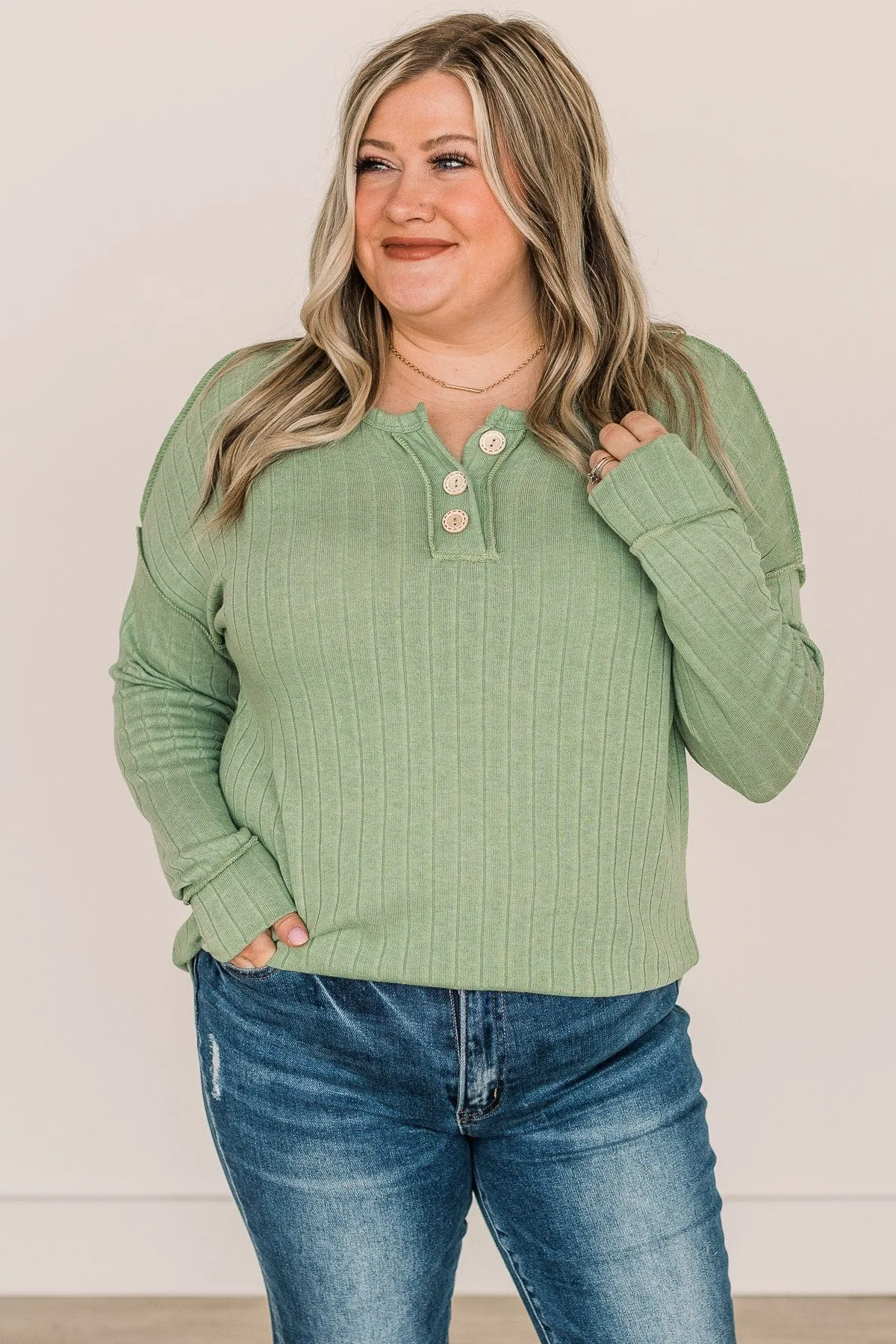 Green Button Knit Top