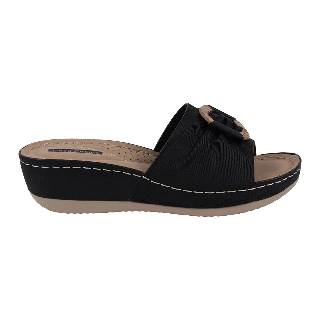 Ellen Black Hardware Comfort Wedge Sandals