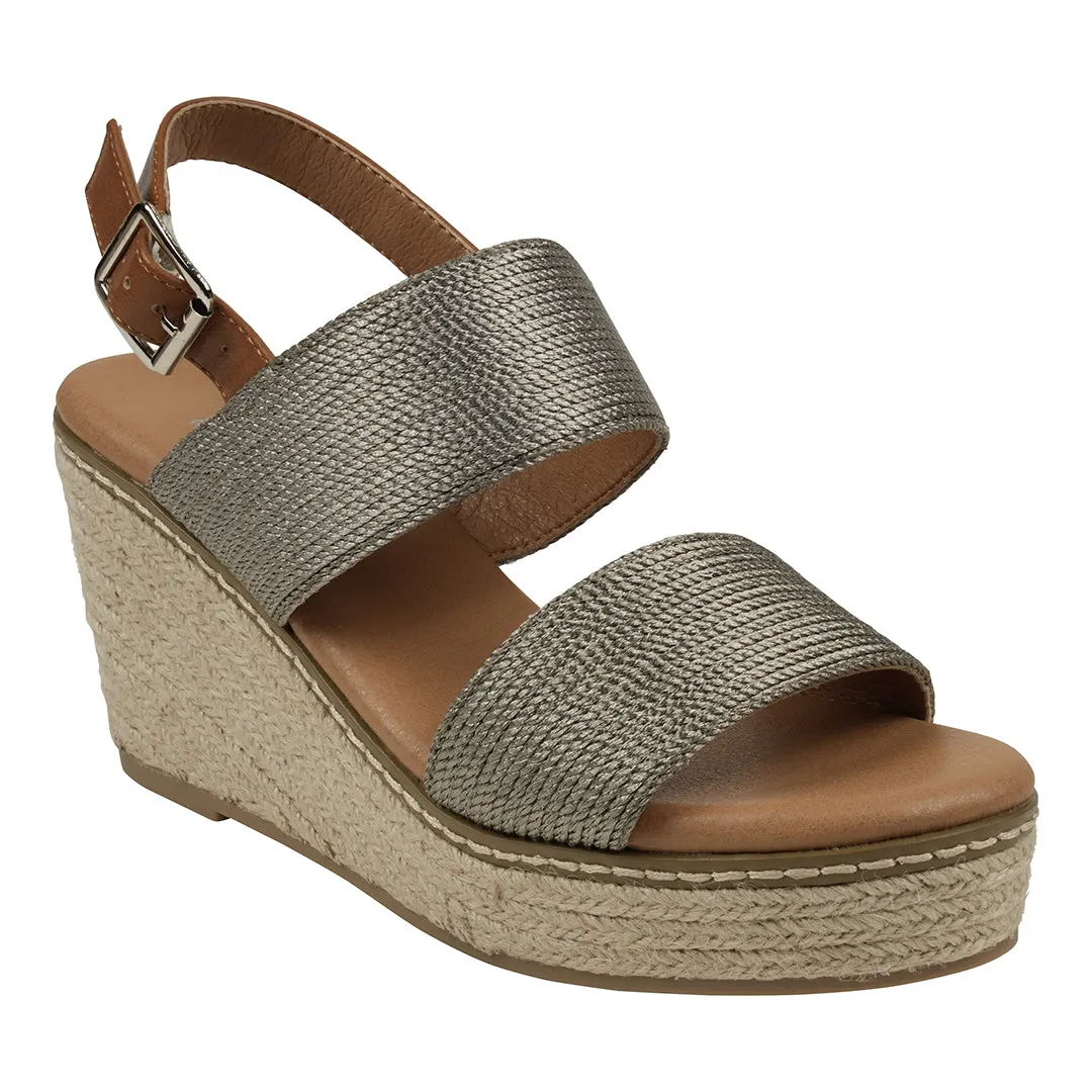 Ellis Pewter Metallic Double Band Slingback Espadrille Wedge Sandals