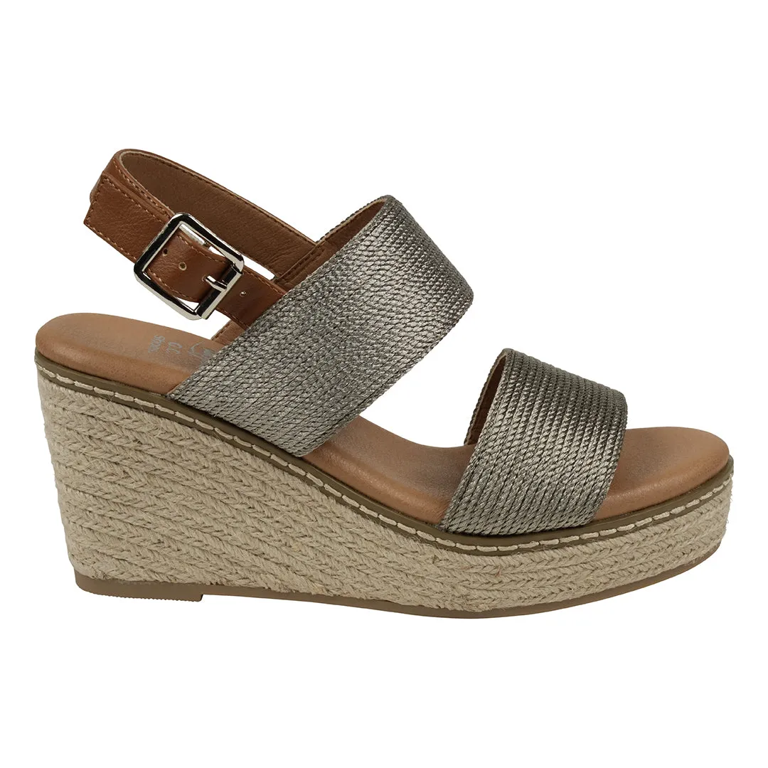 Ellis Pewter Metallic Double Band Slingback Espadrille Wedge Sandals