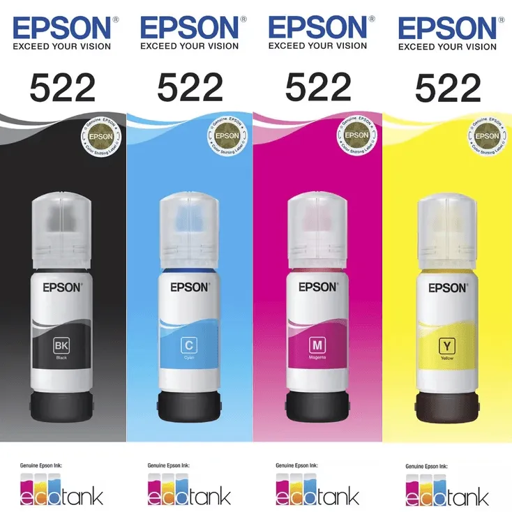 Epson 522 Ink Bottle Set Cartridge Refill Black/Cyan/Magenta/Yellow EcoTank Genuine Original