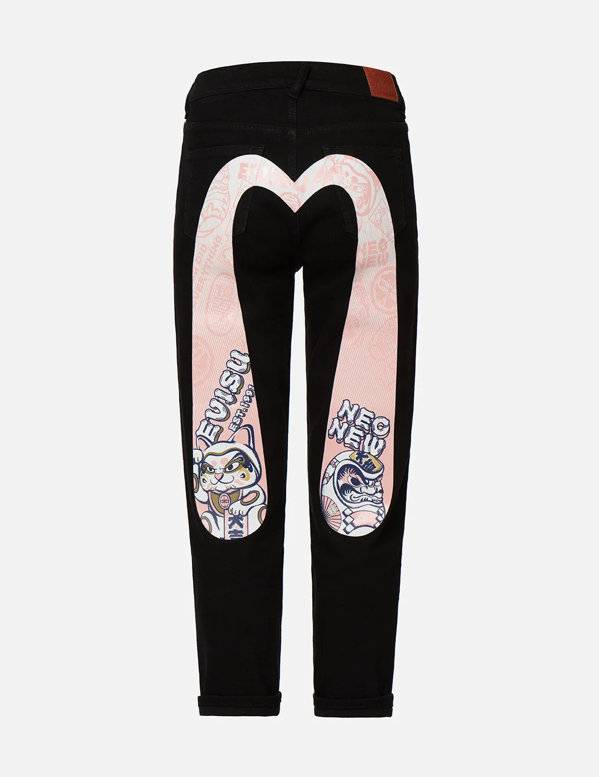 Fortune Cat and Daruma Daicock Print Relax Fit Jeans