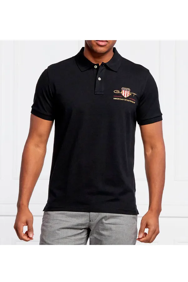 GANT Black Piqué Polo Shirt with Gold Shield - Regular Fit.