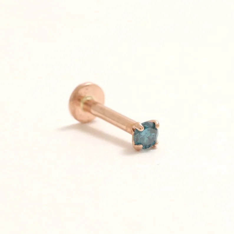 Genuine Blue Diamond 4 Prongs 14K Solid Gold Ear Tragus, Cartilage, Conch, Helix, Lobe Internally Threaded Flat Back Labret Earr