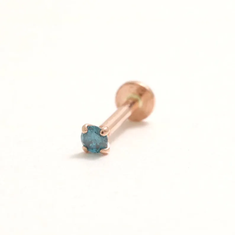 Genuine Blue Diamond 4 Prongs 14K Solid Gold Ear Tragus, Cartilage, Conch, Helix, Lobe Internally Threaded Flat Back Labret Earr