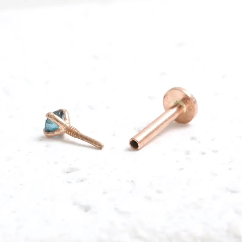 Genuine Blue Diamond 4 Prongs 14K Solid Gold Ear Tragus, Cartilage, Conch, Helix, Lobe Internally Threaded Flat Back Labret Earr