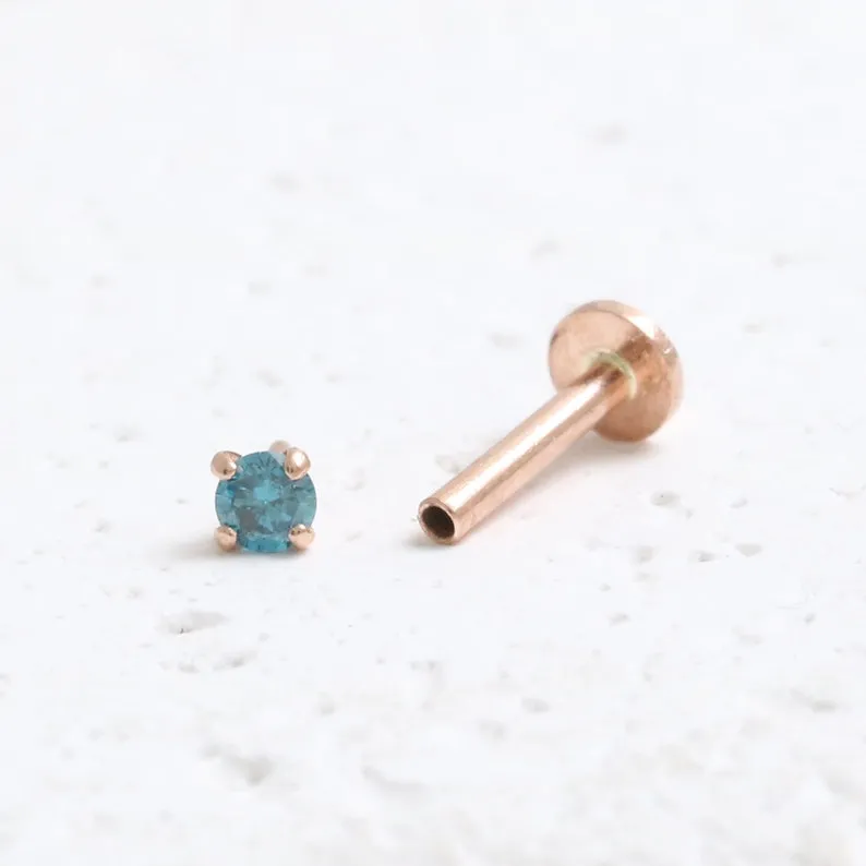 Genuine Blue Diamond 4 Prongs 14K Solid Gold Ear Tragus, Cartilage, Conch, Helix, Lobe Internally Threaded Flat Back Labret Earr