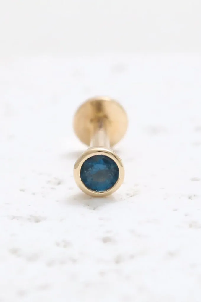 Genuine Blue Sapphire Round Bezel 14K Solid Gold Ear Tragus, Cartilage, Conch, Helix, Lobe Internally Threaded Flat Back Labret 