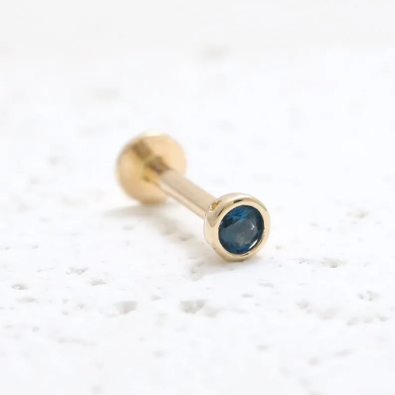 Genuine Blue Sapphire Round Bezel 14K Solid Gold Ear Tragus, Cartilage, Conch, Helix, Lobe Internally Threaded Flat Back Labret 