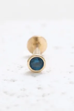 Genuine Blue Sapphire Round Bezel 14K Solid Gold Ear Tragus, Cartilage, Conch, Helix, Lobe Internally Threaded Flat Back Labret 