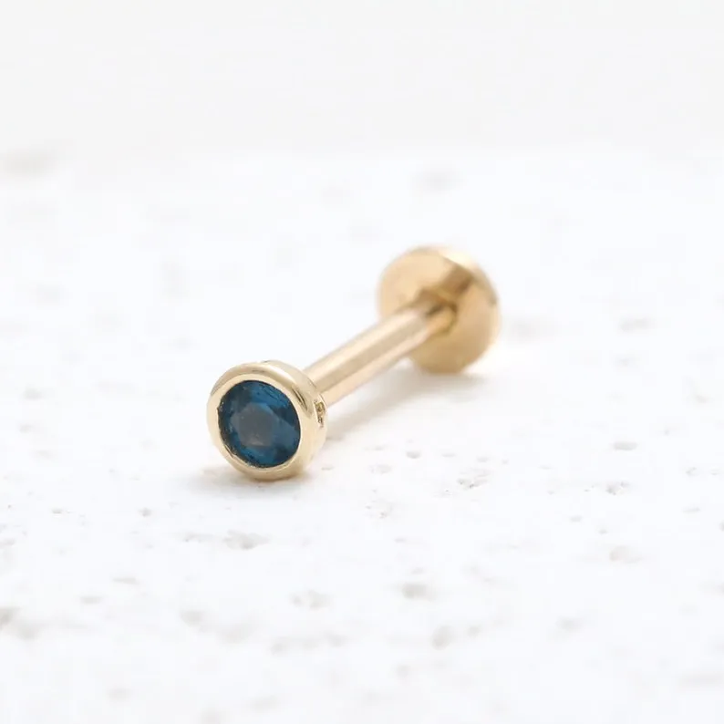 Genuine Blue Sapphire Round Bezel 14K Solid Gold Ear Tragus, Cartilage, Conch, Helix, Lobe Internally Threaded Flat Back Labret 