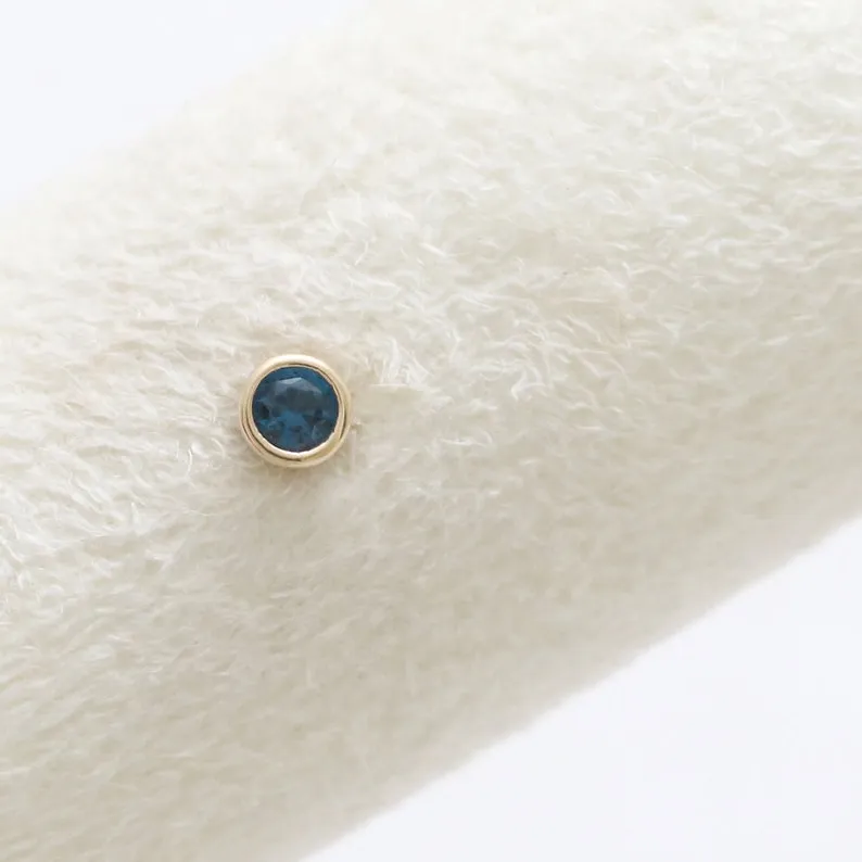 Genuine Blue Sapphire Round Bezel 14K Solid Gold Ear Tragus, Cartilage, Conch, Helix, Lobe Internally Threaded Flat Back Labret 