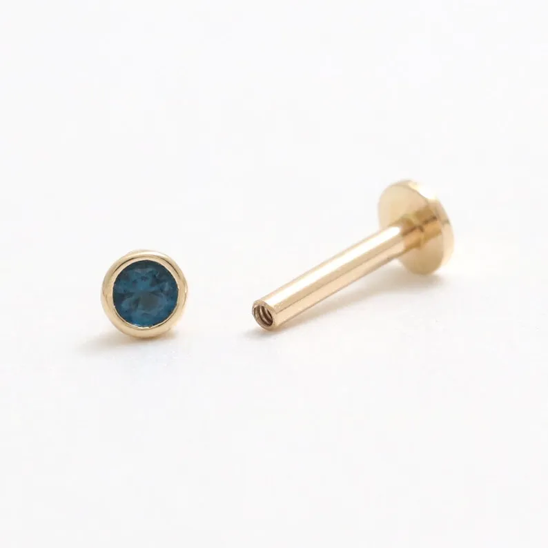 Genuine Blue Sapphire Round Bezel 14K Solid Gold Ear Tragus, Cartilage, Conch, Helix, Lobe Internally Threaded Flat Back Labret 