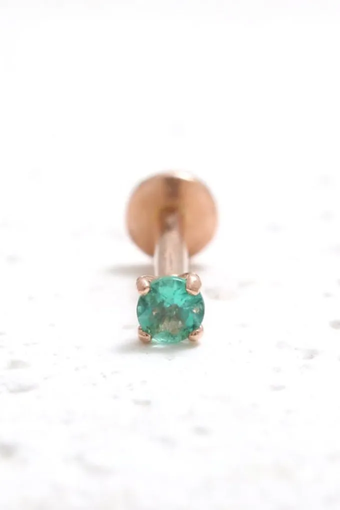 Genuine Emerald 4 Prongs 14K Solid Gold Ear Tragus, Cartilage, Conch, Helix, Lobe Internally Threaded Flat Back Labret Earring