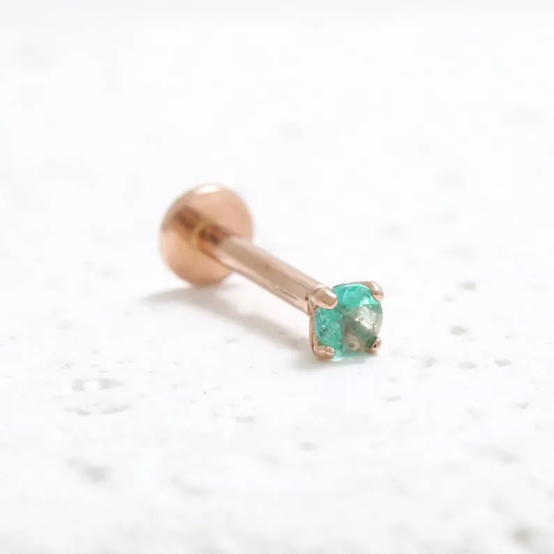 Genuine Emerald 4 Prongs 14K Solid Gold Ear Tragus, Cartilage, Conch, Helix, Lobe Internally Threaded Flat Back Labret Earring