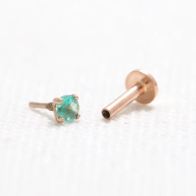 Genuine Emerald 4 Prongs 14K Solid Gold Ear Tragus, Cartilage, Conch, Helix, Lobe Internally Threaded Flat Back Labret Earring