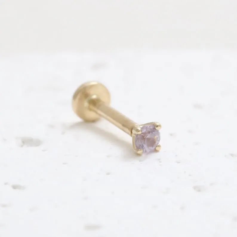 Genuine Lavender Sapphire 4 Prongs 14K Solid Gold Ear Tragus, Cartilage, Conch, Helix, Lobe Internally Threaded Flat Back Labret