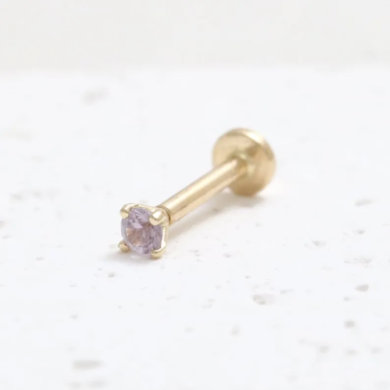 Genuine Lavender Sapphire 4 Prongs 14K Solid Gold Ear Tragus, Cartilage, Conch, Helix, Lobe Internally Threaded Flat Back Labret