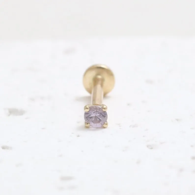 Genuine Lavender Sapphire 4 Prongs 14K Solid Gold Ear Tragus, Cartilage, Conch, Helix, Lobe Internally Threaded Flat Back Labret