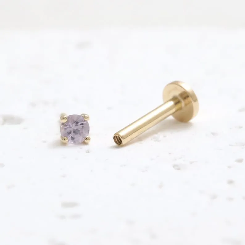 Genuine Lavender Sapphire 4 Prongs 14K Solid Gold Ear Tragus, Cartilage, Conch, Helix, Lobe Internally Threaded Flat Back Labret