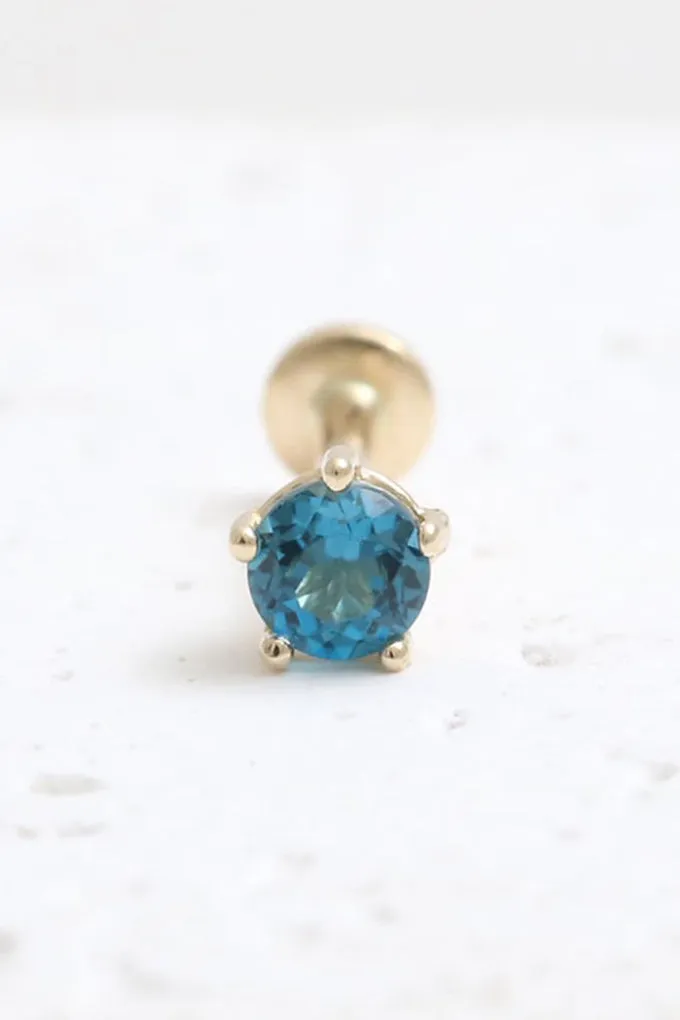 Genuine London Blue Topaz 5 Prongs 14K Solid Gold Ear Tragus, Cartilage, Conch, Helix, Lobe Internally Threaded Flat Back Labret