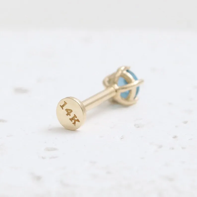 Genuine London Blue Topaz 5 Prongs 14K Solid Gold Ear Tragus, Cartilage, Conch, Helix, Lobe Internally Threaded Flat Back Labret