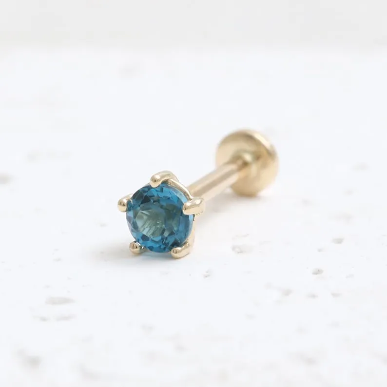 Genuine London Blue Topaz 5 Prongs 14K Solid Gold Ear Tragus, Cartilage, Conch, Helix, Lobe Internally Threaded Flat Back Labret