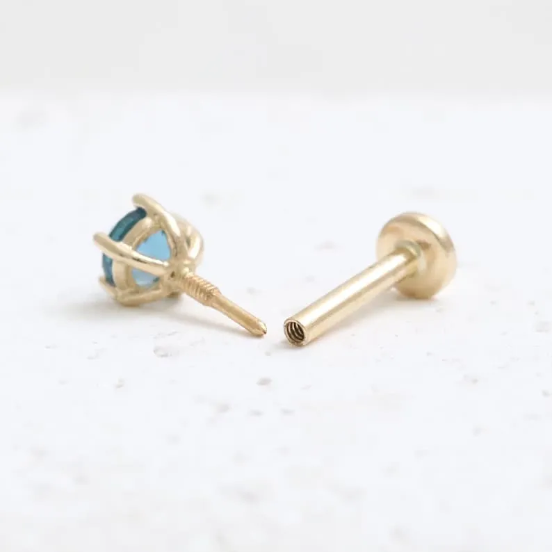 Genuine London Blue Topaz 5 Prongs 14K Solid Gold Ear Tragus, Cartilage, Conch, Helix, Lobe Internally Threaded Flat Back Labret