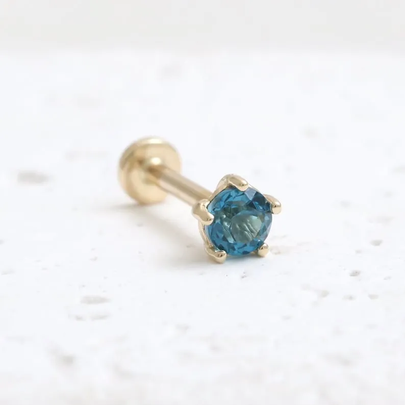 Genuine London Blue Topaz 5 Prongs 14K Solid Gold Ear Tragus, Cartilage, Conch, Helix, Lobe Internally Threaded Flat Back Labret