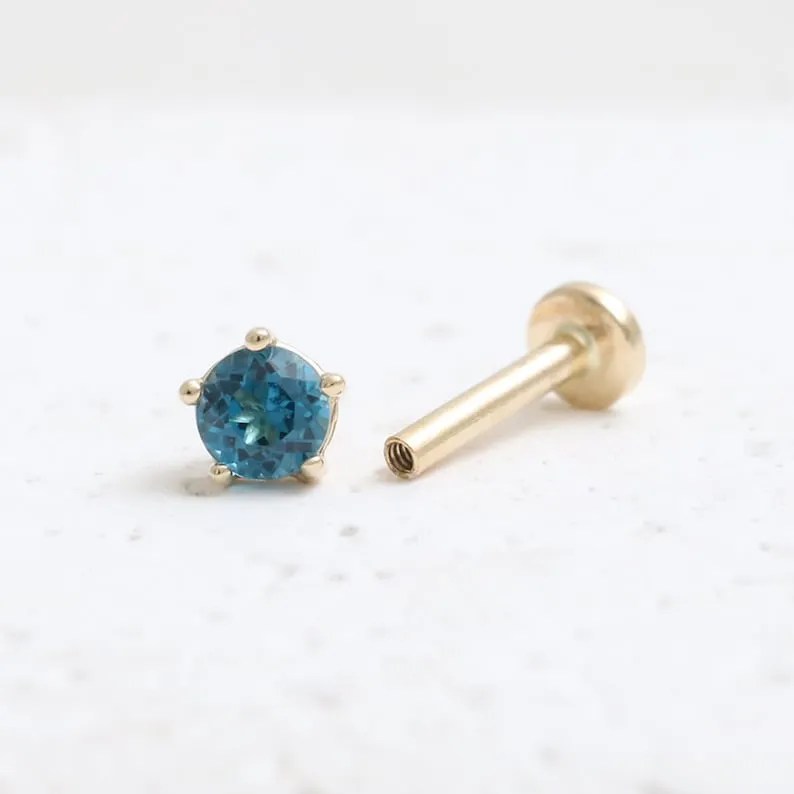 Genuine London Blue Topaz 5 Prongs 14K Solid Gold Ear Tragus, Cartilage, Conch, Helix, Lobe Internally Threaded Flat Back Labret