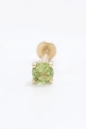 Genuine Peridot 4 Prongs 14K Solid Gold Ear Tragus, Cartilage, Conch, Helix, Lobe Internally Threaded Flat Back Labret Earring