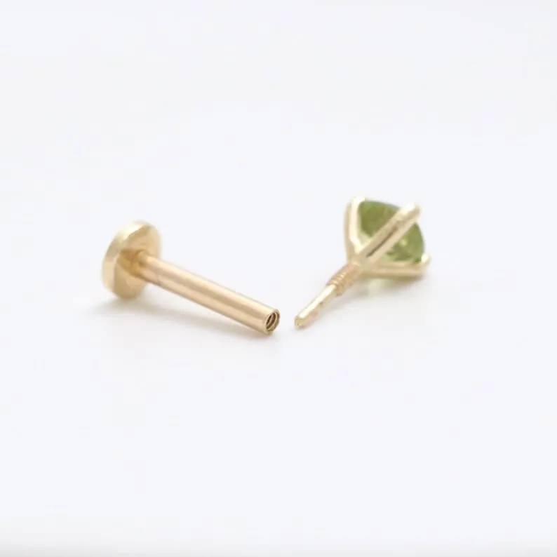 Genuine Peridot 4 Prongs 14K Solid Gold Ear Tragus, Cartilage, Conch, Helix, Lobe Internally Threaded Flat Back Labret Earring