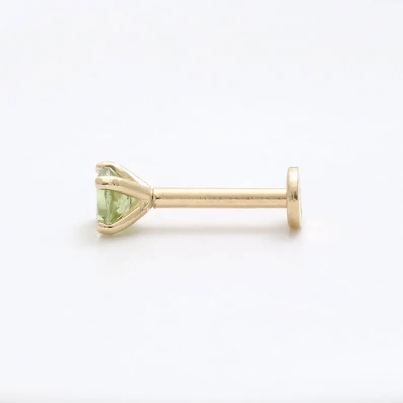 Genuine Peridot 4 Prongs 14K Solid Gold Ear Tragus, Cartilage, Conch, Helix, Lobe Internally Threaded Flat Back Labret Earring