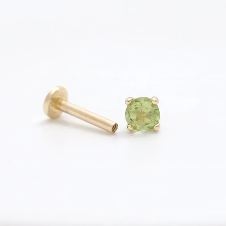 Genuine Peridot 4 Prongs 14K Solid Gold Ear Tragus, Cartilage, Conch, Helix, Lobe Internally Threaded Flat Back Labret Earring