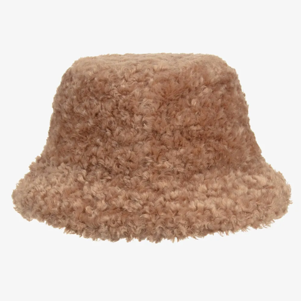 Girls Beige Borg Bucket Hat