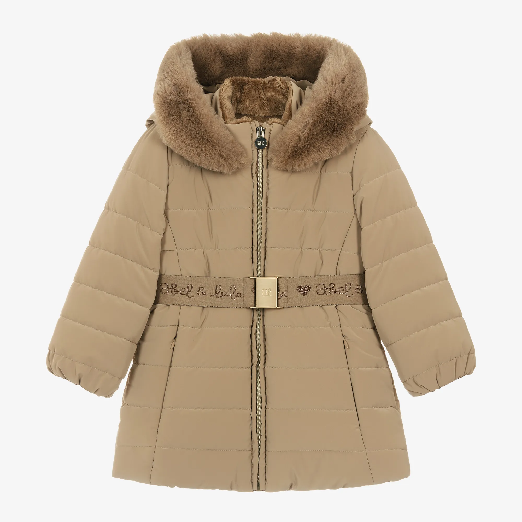 Girls Beige Hooded Puffer Coat