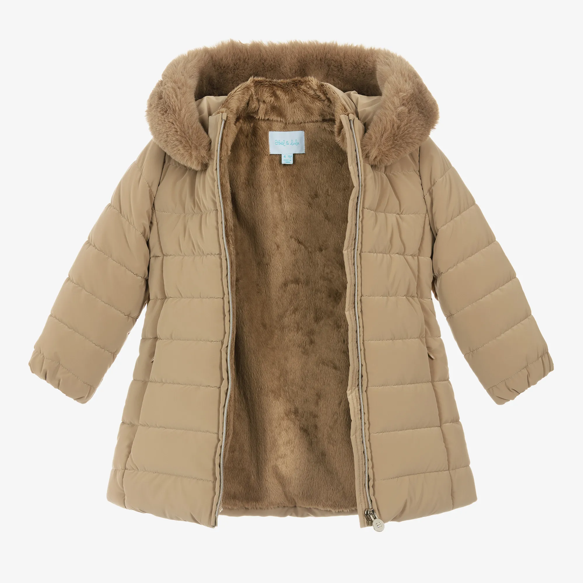 Girls Beige Hooded Puffer Coat