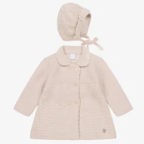 Beige Knitted Coat and Bonnet Set for Girls