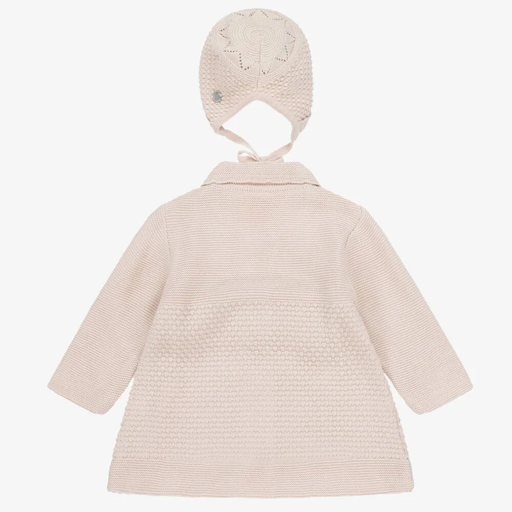 Beige Knitted Coat and Bonnet Set for Girls