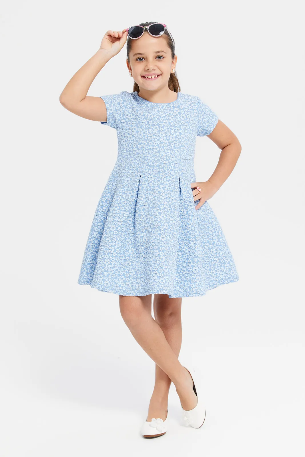 Girls Blue Floral Printed Dress