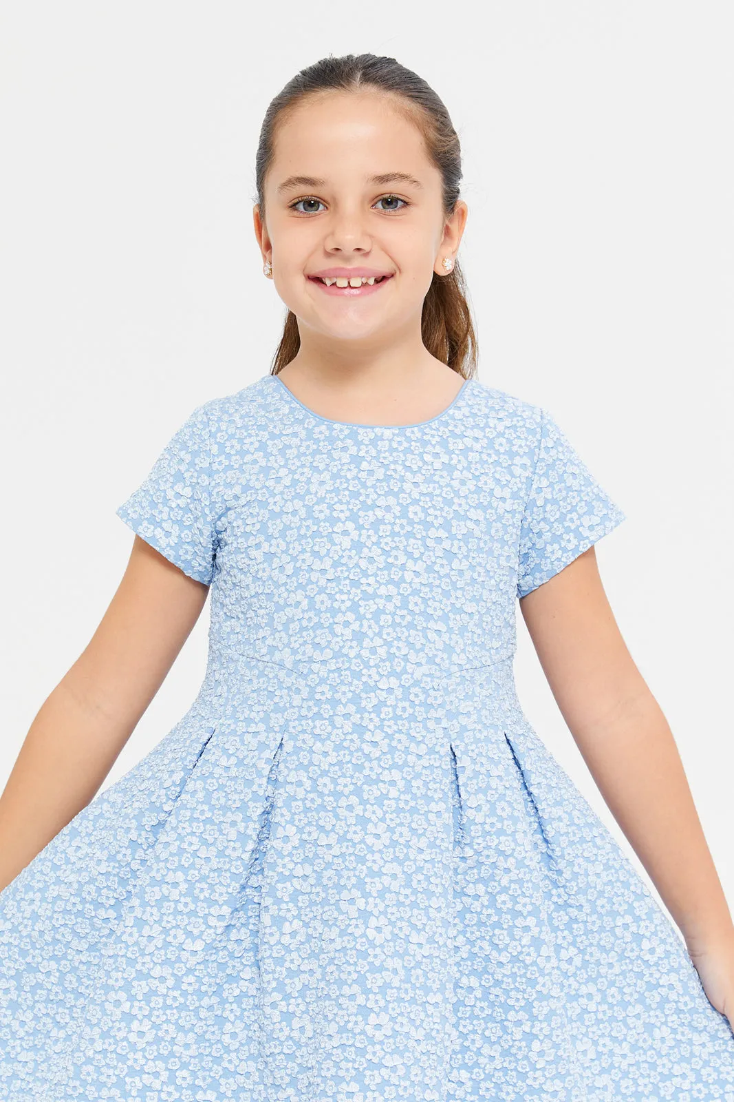 Girls Blue Floral Printed Dress