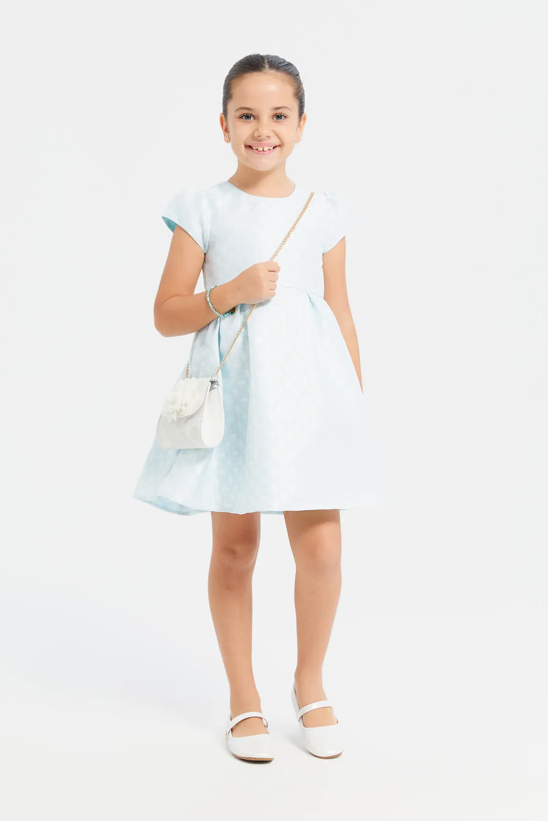 Girls Blue Jacquard Dress