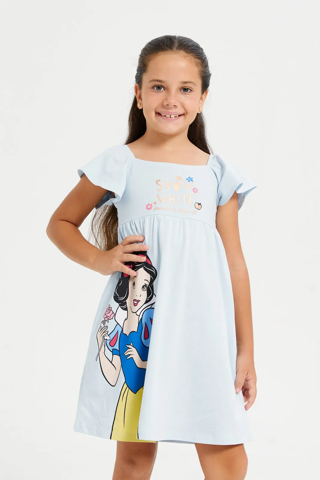 Girls Blue Snow White Flatter Sleeve Dress