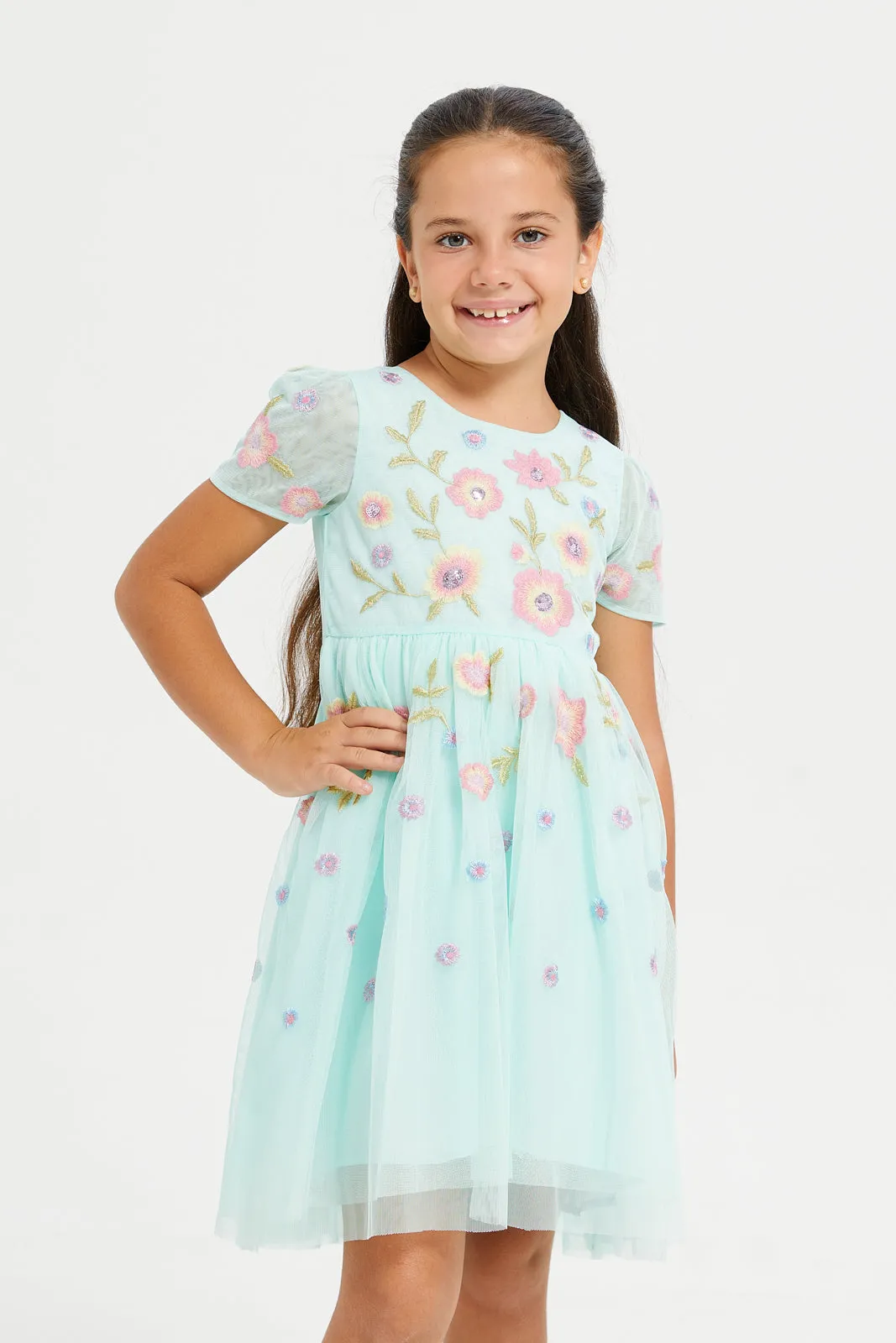 Girls Green All Over Embroidered Mesh Dress