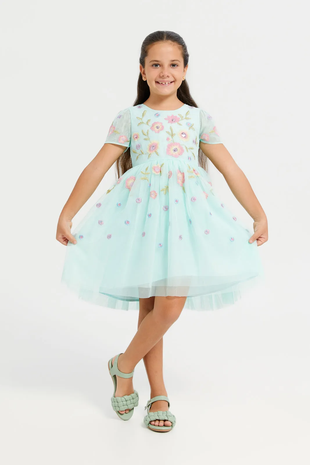 Girls Green All Over Embroidered Mesh Dress