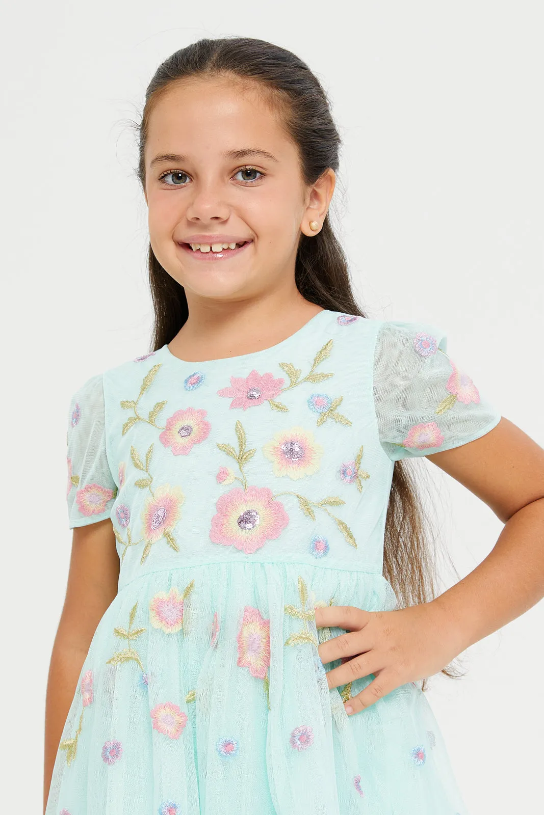 Girls Green All Over Embroidered Mesh Dress