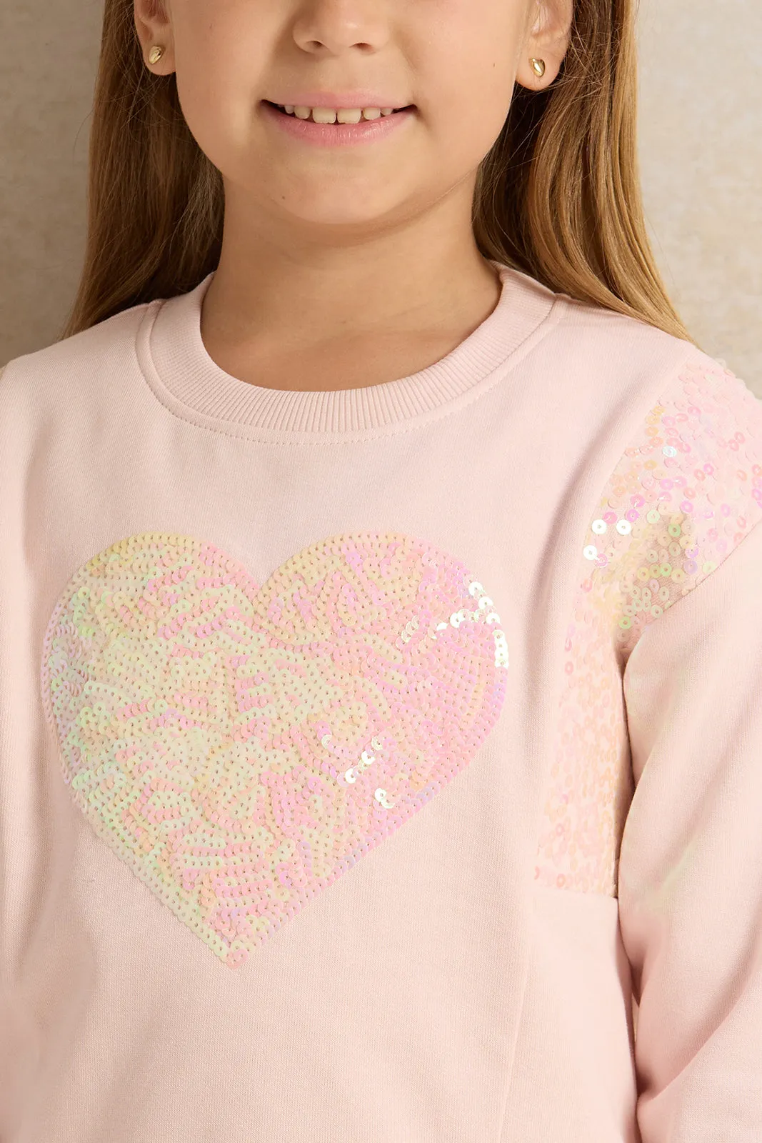 Girls Pink Heart Sequins Knit Dress With