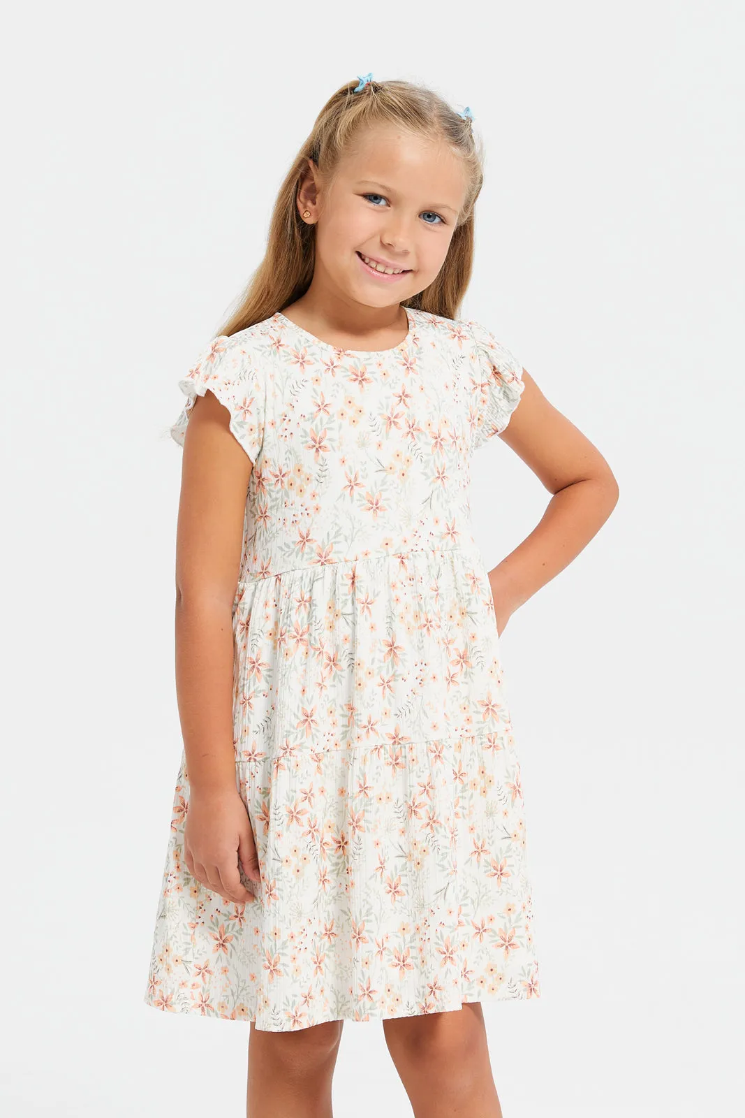 Girls White Printed Crinkle Tiered Dress