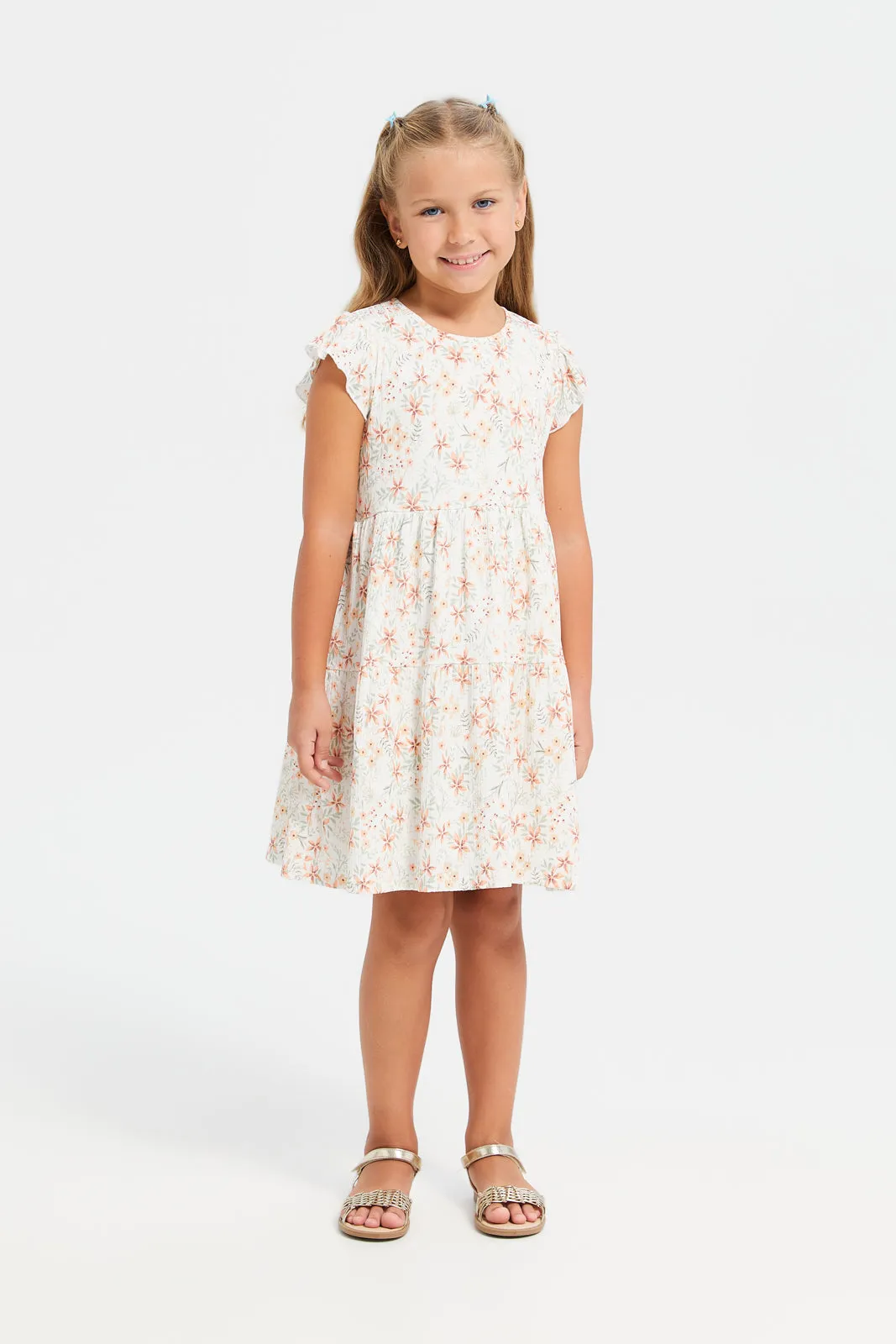 Girls White Printed Crinkle Tiered Dress