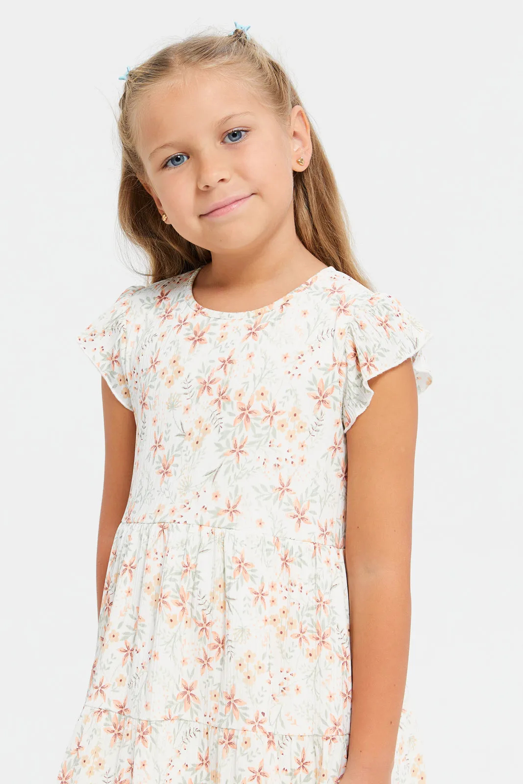 Girls White Printed Crinkle Tiered Dress